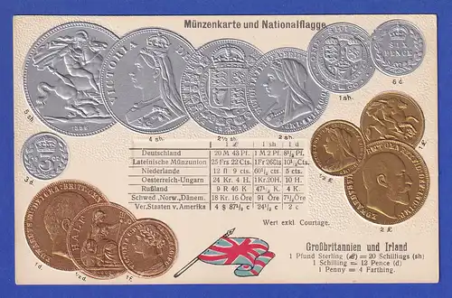 Historische Postkarte Münzen Britannien, edler Prägedruck, silber und golden ! 