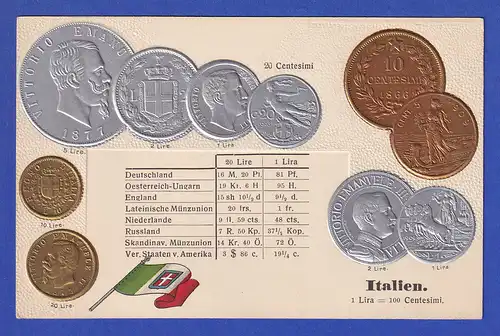 Historische Postkarte Münzen Italien, edler Prägedruck, silber und golden ! 
