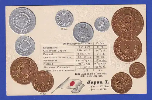 Historische Postkarte Münzen Japan I, edler Prägedruck, silber und golden ! 