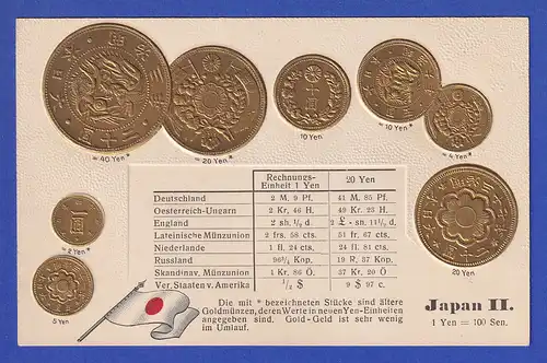 Historische Postkarte Münzen Japan II, edler Prägedruck, silber und golden ! 