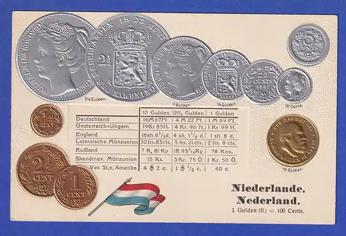 Historische Postkarte Münzen Niederlande, edler Prägedruck, silber und golden !