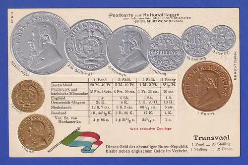 Historische Postkarte Münzen Transvaal, edler Prägedruck, silber und golden !