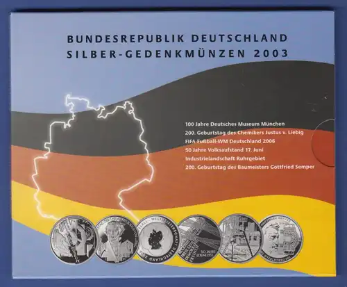 10-€-Gedenkmünzen-Set 2003 kpl. mit 6 Münzen in Prägequalität Spiegelglanz PP