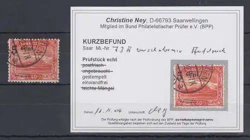 Saar Mi.-Nr. 73A, Aufdruck 15 cent stark nach links verschoben O mit KB NEY BPP