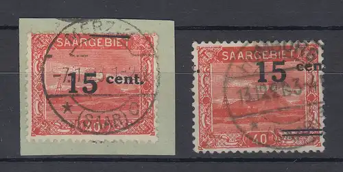 Saar Mi.-Nr. 73A, 2 gestempelte Marken mit weit verschobenen Aufdrucken