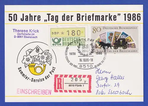 ATM 1.1 Wert 180 auf R-Postkarte mit So-O Fürth 50 Jahre Tag der Briefmarke 1986