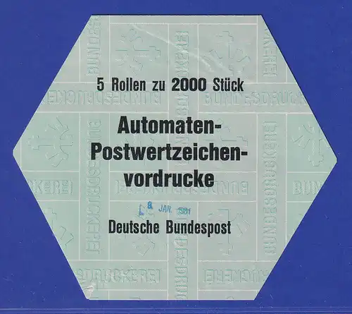 Stangendeckel für VP-Einheit ATM-Vordruck-Rollen. Frühes Datum 8. JAN. 1981