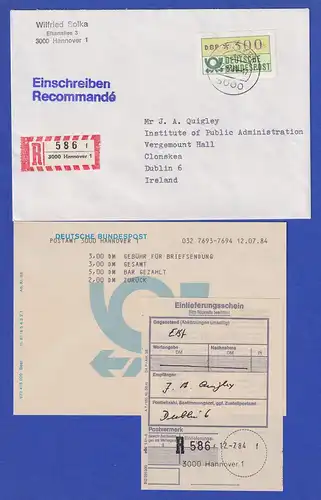 STS Hannover ATM 300Pfg auf R-Brief nach Irland, dazu Terminalquittung 12.7.84
