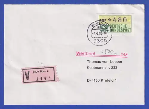 STS Bonn Inbetriebnahmetag 9.2.83: ATM 480 auf Wertbrief, ohne TQ 