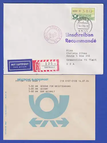 STS Bonn ATM 380Pfg auf R-Brief, dazu Terminalquittung 14.7.84