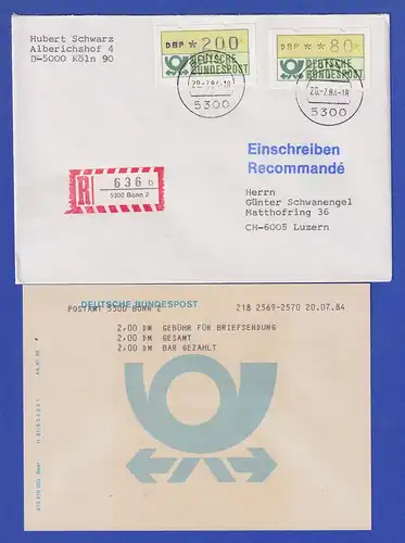 STS Bonn ATM 200Pfg mit TQ 20.7.84 und 80er aus MWZD auf R-Brief nach CH