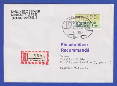 Sonderstandort Hannover Cebit `88 Wert 300 auf R-Brief nach Spanien 16.3.88