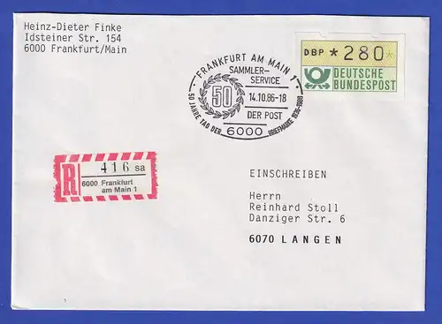 ATM 280 Pfg mit So.-O Frankfurt 50 Jahre Tag der Briefmarke auf R-Brief, 1986
