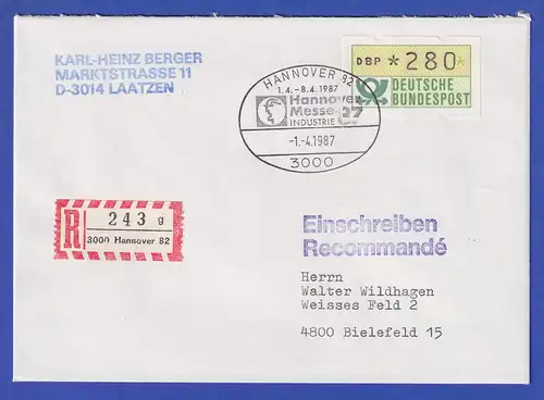 ATM 300Pfg als EF auf R-Brief mit So.-O Hannover Cebit 1.4.87