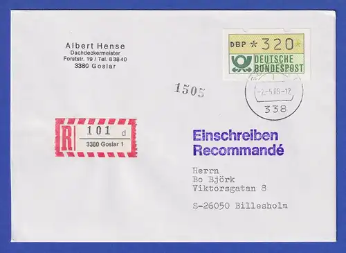 ATM 320 Pfg als EF auf Auslands-R-Brief von Goslar nach Schweden, 2.5.88