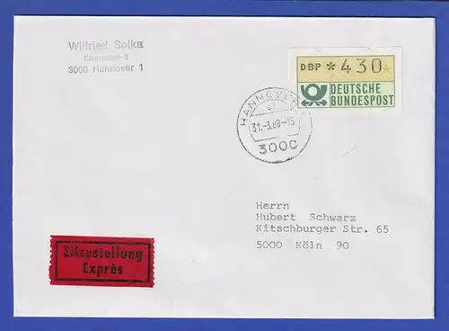 ATM 430 Pfg als EF auf Eil-Brief von Hannover (Letzttag SCHWZD) 31.3.88 n. Köln