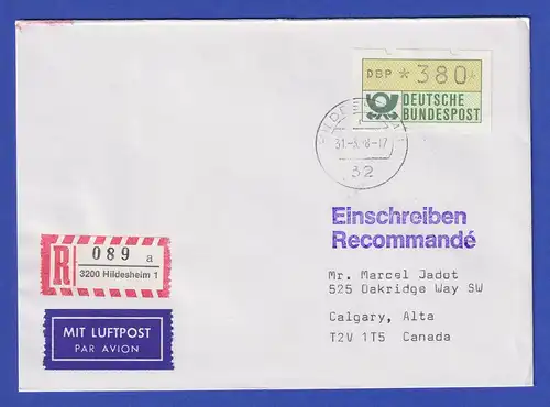 ATM 380 Pfg als EF auf Auslands-R-Brief von Hildesheim nach Kanada, 31.3.88