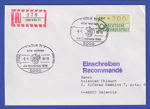 ATM 1.1 Wert 300 mit So.-O KÖLN Wahl der Schönsten auf R-Brief nach Spanien 1989