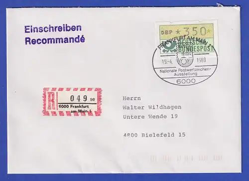 ATM 1.1 Wert 350 mit So.-O FRANKFURT NAPOSTA auf R-Brief nach Bielefeld 1989