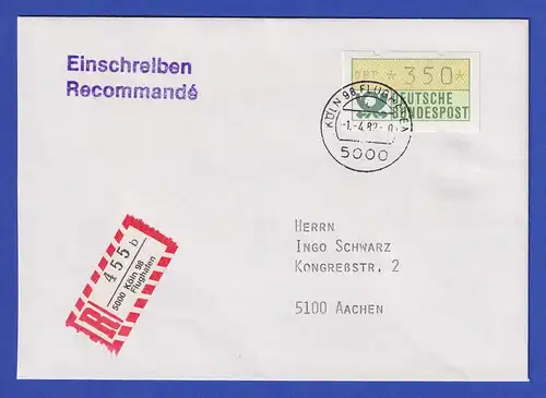 ATM 1.1 Wert 350 auf R-Brief von Köln nach Aachen. Tarif-Ersttag 1.4.89.