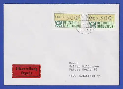 ATM 1.1 Wert 300 2x als MEF auf Eilbrief von Bremen nach Bielefeld, 1.4.89.