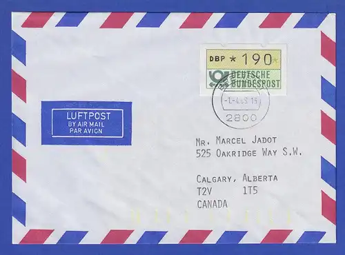 ATM 1.1 Wert 190 als EF auf Luftpost-Brief nach Kanada. Tarif-Ersttag 1.4.89