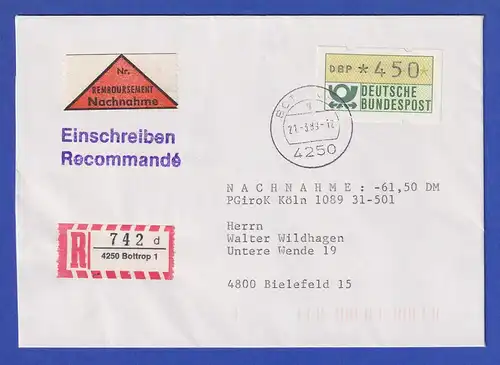 ATM 1.1 Wert 450 auf R-NN-Brief nach Bielefeld.  O BOTTROP (g) 21.3.89 