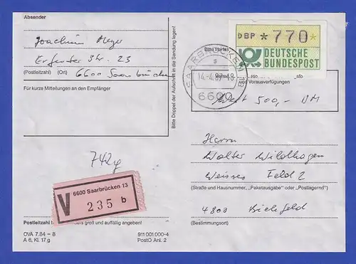 ATM 1.1 Wert 770 als EF auf V-Brief (Adressauschnitt) , O Saarbrücken 14.4.87