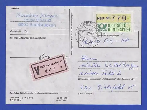 ATM 1.1 Wert 770 als EF auf V-Brief (Adressauschnitt) , O Saarbrücken 25.6.87