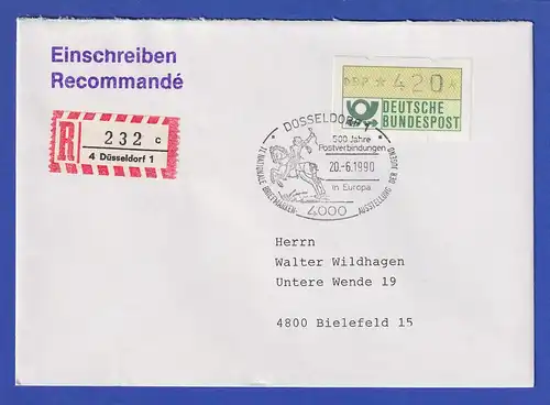 ATM 1.1 Wert 420 auf R-Brief mit So.-O Düsseldorf 500 Jahre Post 20.6.1990
