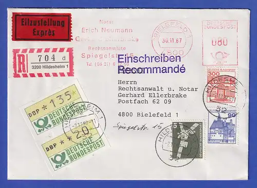 EPOS Hildesheim: ATM 135 und 20 auf R-Eilbrief in MIF u.a. mit 1143 II Letterset