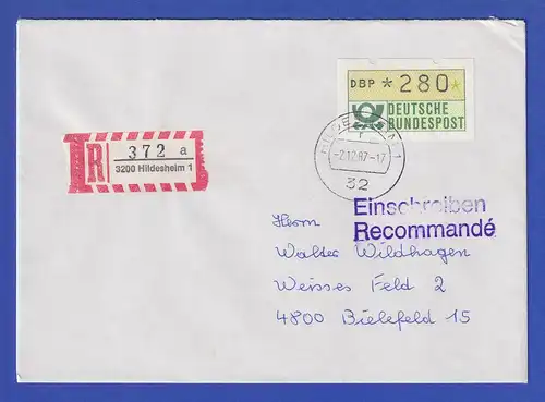 ATM 1.1 Wert 280 auf R-Brief von Hildesheim nach Bielefeld, 1987