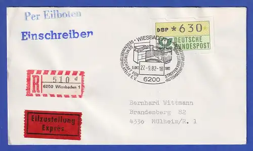 ATM 1.1 ET beliebige Werte 27.9.82 Wert 630 auf R-Eil-Brief, So.-O Wiesbaden