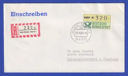 ATM 1.1 Wert 320 auf R-Brief nach Finnland, FDC mit Tages-O Weiden 27.9.82