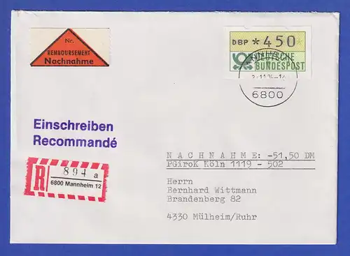 ATM 1.1 Ersttag SCHWZD Mannheim 27.11.84. Wert 450 auf R-NN-Brief