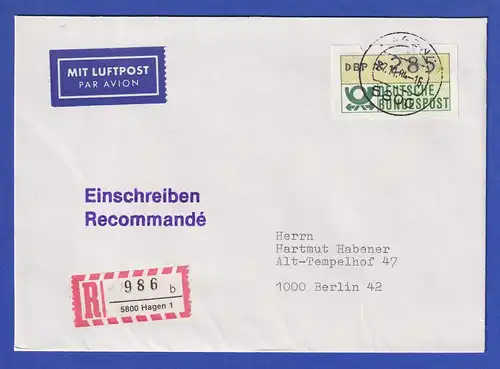 ATM 1.1 Ersttag SCHWZD Hagen 27.11.84. Wert 285 auf Lp-R-Brief nach Berlin