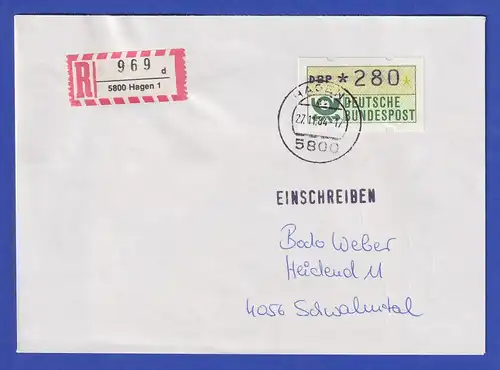 ATM 1.1 Ersttag SCHWZD Hagen 27.11.84. Wert 280 auf R-Brief 
