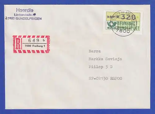 ATM 1.1 Ersttag SCHWZD Freiburg 27.11.84 Wert 320 auf R-Brief nach Finnland