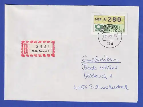 ATM 1.1 Ersttag SCHWZD Bremen 27.11.84 Wert 280 auf R-Brief 