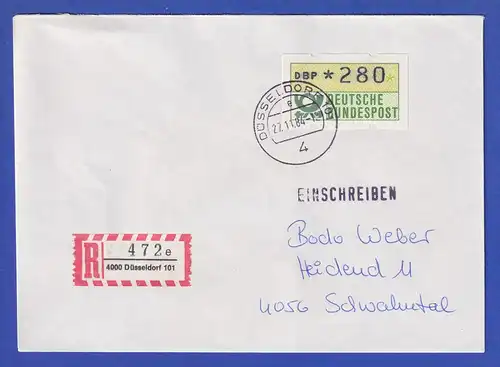ATM 1.1 Ersttag SCHWZD Düsseldorf 27.11.84 Wert 280 auf R-Brief 