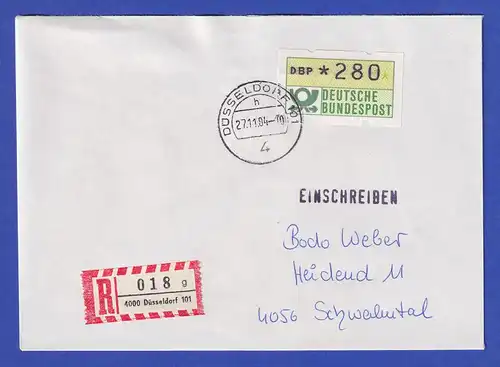 ATM 1.1 Ersttag SCHWZD Düsseldorf 27.11.84 Wert 280 auf Inlands-R-Brief 
