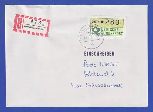 ATM 1.1 Inbetriebnahme SCHWZD Düsseldorf 27.11.84 Wert 280 auf R-Brief 