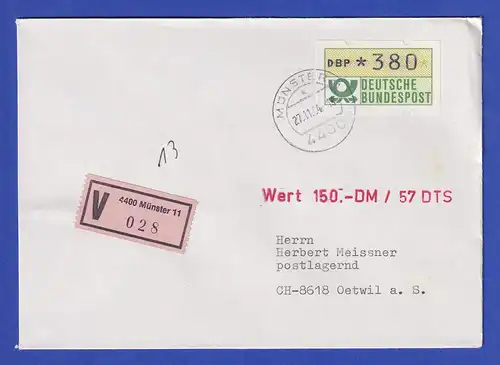 ATM 1.1 Ersttag SCHWZD Münster 27.11.84 Wert 380 auf V-Brief nach CH