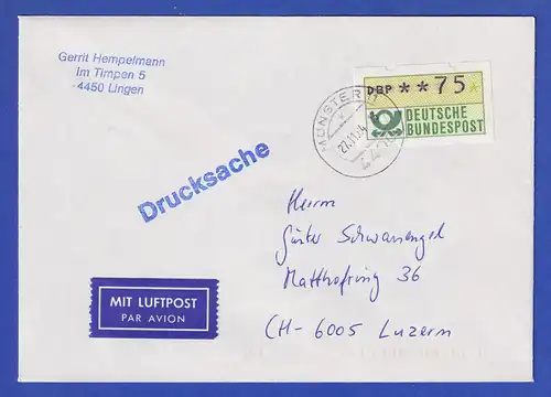 ATM 1.1 Ersttag SCHWZD Münster 27.11.84 Wert 75 auf Lp-Druicksache nach CH