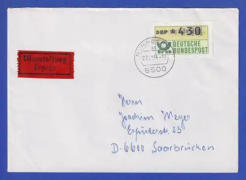 ATM 1.1 Ersttag SCHWZD Nürnberg 27.11.84 Wert 430 auf Express-Brief 