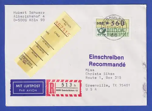 ATM 1.1 Ersttag SCHWZD Saarbrücken 27.11.84 Wert 360 auf Lp-R-Brief in die USA