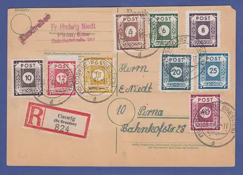 SBZ Ost-Sachsen Mi.-Nr. 42-50 DIII  Coswig inkl. 43BIa / DIII auf R-Postkarte