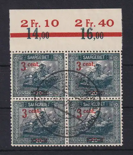 Saar 1921 3-Cent-Wert Mi.-Nr. 70A Oberand-Viererblock gestempelt.