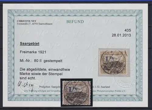 Saar Mi.-Nr. 80 II blauer Aufdruck sauber gest. geprüft mit FB Ney BPP. 