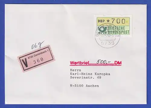 ATM 1.2 Typ N Wert 700 auf Wertbrief, aus der Zeit, O Oerlenbach 30.5.92